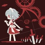  1girl apron back back_bow bat bat_wings black_footwear bow braid chibi cobalta cup dress eyebrows eyebrows_visible_through_hair fang frilled_dress frills gears hair_bow holding holding_cup holding_knife holding_plate holding_teapot holding_weapon izayoi_sakuya knife plate pointy_ears red_background red_dress red_eyes red_theme shadow short_hair silver_hair teapot touhou vampire weapon white_legwear wings 
