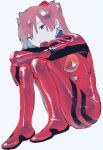  1girl bodysuit cof6ta7w full_body highres knees_up long_hair looking_at_viewer multicolored multicolored_bodysuit multicolored_clothes neon_genesis_evangelion orange_hair plugsuit red_bodysuit simple_background sitting solo souryuu_asuka_langley white_background 