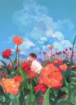  1boy blue_sky bug butterfly clouds cloudy_sky field flower flower_field insect insect_on_nose kuribulb leaf orange_flower original pink_flower plant red_flower shirt short_sleeves signature sky solo white_shirt wide_shot 