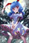  1girl animal_ears blood blood_on_face blue_dress blue_hair clouds commentary_request crescent crescent_print dress ear_clip eyebrows_visible_through_hair feet_out_of_frame finger_gun frown full_moon furrowed_eyebrows hair_between_eyes head_tilt high_collar highres kayon_(touzoku) layered_dress legs_apart leotard_under_clothes light_particles looking_at_viewer low_twintails moon night outdoors own_hands_together puffy_short_sleeves puffy_sleeves rabbit_ears red_eyes seiran_(touhou) serious short_hair short_sleeves solo standing star_(symbol) star_print touhou twintails 