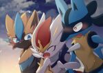  blue_eyes blush cinderace clouds commentary_request furry gen_4_pokemon gen_7_pokemon gen_8_pokemon locked_arms looking_at_another lucario mythical_pokemon nata_de_coco_(pankptomato) one_eye_closed open_mouth outdoors pokemon pokemon_(creature) sky spikes tongue yellow_fur zeraora 