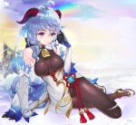  1girl bare_shoulders bell black_legwear blue_hair blush bodysuit bow breasts clouds cowbell detached_sleeves full_body ganyu_(genshin_impact) genshin_impact gloves high_heels highres horns long_sleeves looking_at_viewer medium_breasts rainbow sky smile solo ta-to_(sprout) violet_eyes 