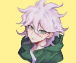  1boy bangs collarbone commentary_request cropped_shoulders dangan_ronpa_(series) dangan_ronpa_2:_goodbye_despair green_eyes green_jacket grey_hair grey_shirt hair_between_eyes jacket komaeda_nagito looking_at_viewer looking_up male_focus messy_hair shirt simple_background sin11111 smile solo teeth yellow_background 