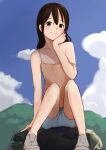  1girl 73suke absurdres blue_sky breasts casual clouds day grey_footwear grey_shorts hand_on_own_face highres looking_at_viewer medium_breasts mountain orange_tank_top original outdoors rock shoes shorts sitting sky smile sneakers solo strap_slip tank_top 