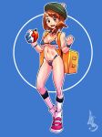  1girl bag bangs bikini blue_background breasts brown_eyes brown_hair cheunchin clenched_hand commentary detached_collar duffel_bag english_commentary eyebrows_visible_through_hair full_body gloria_(pokemon) gloves green_headwear hat highres holding holding_poke_ball long_legs medium_breasts micro_bikini multicolored multicolored_bikini multicolored_clothes pink_footwear poke_ball poke_ball_(basic) pokemon pokemon_(game) pokemon_swsh shoes short_hair single_glove sneakers socks solo swept_bangs swimsuit tam_o&#039;_shanter thighs under_boob upper_teeth white_legwear wristband 