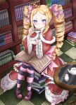  1girl absurdres bangs beatrice_(re:zero) blonde_hair blush book book_on_lap book_stack bookshelf bow capelet checkered checkered_floor commentary crown cup dress drill_hair frilled_dress frills fur_trim hair_bow highres holding holding_cup kuma_piv long_sleeves looking_at_viewer neck_ribbon open_book pantyhose parted_bangs pink_bow pink_footwear re:zero_kara_hajimeru_isekai_seikatsu red_dress ribbon sidelocks sitting solo striped striped_legwear table tea teapot twin_drills wide_sleeves 