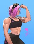  1girl abs arm_tattoo biceps black_sports_bra blue_background character_name clenched_hand commentary commission ear_piercing earrings english_commentary eyeshadow flat_chest flexing goggles goggles_on_head half-closed_eyes jewelry league_of_legends lips makeup muscular muscular_female navel nose_piercing pants parted_lips piercing pink_hair pose short_hair shoulder_tattoo solo sports_bra standing tattoo upper_body vashperado vi_(league_of_legends) yoga_pants 