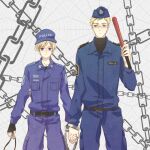  2boys axis_powers_hetalia baseball_cap baton belt belt_buckle black_belt black_sweater blonde_hair blue_jacket blue_pants breast_pocket buckle chain collared_jacket commentary_request cuffs fingerless_gloves finland_(hetalia) finnish_text garrison_cap glasses gloves green_eyes handcuffs hat holding_hands insignia jacket lannyhikari looking_at_another looking_at_viewer multiple_boys pants pocket police police_uniform short_hair shoulder_strap sweater sweden_(hetalia) swedish_text swedish_uniform tre_kronor turtleneck turtleneck_sweater uniform violet_eyes whistle 
