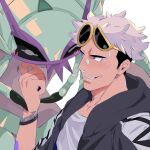  1boy black_hair black_hoodie blush bracelet commentary_request eyewear_on_head gen_7_pokemon golisopod green_(grimy) grey_hair guzma_(pokemon) hand_up highres hood hoodie jewelry male_focus multicolored_hair parted_lips pokemon pokemon_(creature) pokemon_(game) pokemon_sm shirt short_hair smile sunglasses team_skull 