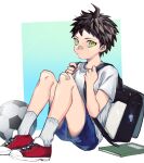  1boy ahoge alternate_costume backpack bag ball bandaid bandaid_on_knee bandaid_on_nose bangs black_bag black_hair blue_shorts book brown_eyes brown_hair closed_mouth commentary_request dangan_ronpa_(series) dangan_ronpa_2:_goodbye_despair frown full_body grey_legwear hinata_hajime looking_at_viewer male_focus red_footwear shirt shoes short_hair short_shorts short_sleeves shorts sitting sneakers soccer_ball socks solo spiky_hair suzumetarou t-shirt white_shirt younger 