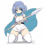  1girl bangs bare_shoulders blue_cape blue_eyes blue_hair boots cape closed_mouth dragon_quest dragon_quest_monsters dragon_quest_monsters_plus dress elbow_gloves eyebrows_visible_through_hair facial_mark fingerless_gloves forehead_mark full_body gloves grey_gloves hair_between_eyes holding holding_spear holding_weapon karukan_(monjya) kneeling low_twintails marumo parted_bangs polearm shadow solo spear strapless strapless_dress thigh-highs thigh_boots twintails weapon white_background white_dress white_footwear white_legwear 