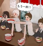  ! bangs black_jacket black_neckwear blush bowl brown_hair brown_pants chopsticks collared_shirt commentary_request dangan_ronpa_(series) dangan_ronpa_2:_goodbye_despair dangan_ronpa_3_(anime) eating fang food grey_shirt highres hinata_hajime hinata_hajime_(awakened) holding holding_chopsticks indoors jacket kamukura_izuru male_focus multiple_boys necktie noodles open_mouth pants ramen red_eyes shirt sign speech_bubble spoilers standing sweatdrop translation_request tuteurfars_shin upper_teeth white_hair 