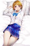  1girl blue_neckwear blue_skirt blush bow bowtie breasts brown_hair commentary_request eyebrows_visible_through_hair highres koizumi_hanayo long_sleeves looking_at_viewer love_live! love_live!_school_idol_project lying medium_breasts nakano_maru on_back open_mouth pillow plaid plaid_skirt school_uniform shirt short_hair skirt solo striped striped_neckwear thighs violet_eyes white_shirt 