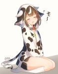 1girl absurdres animal_ear_fluff animal_ears animal_hood animal_print bangs black_shorts blush brown_hair chinese_zodiac closed_eyes collar coreytaiyo cow_ears cow_hood cow_horns cow_print cow_tail dated eyebrows_visible_through_hair facing_viewer fake_animal_ears fake_horns grey_background heart highres hood hood_up hooded_jacket horns jacket kneehighs multicolored_hair open_mouth original print_jacket red_collar seiza short_shorts shorts signature sitting solo streaked_hair tail translation_request two-tone_background white_background white_hair white_jacket white_legwear year_of_the_ox 