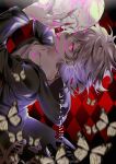  1boy alternate_eye_color arms_up artist_name bangs blood bug butterfly checkered collarbone commentary_request dangan_ronpa_(series) dangan_ronpa_2:_goodbye_despair fingernails glowing green_jacket grey_hair grey_shirt hair_between_eyes hexagon highres holding holding_skull hood hood_down hooded_jacket insect jacket komaeda_nagito long_fingernails looking_at_viewer male_focus nail_polish one_eye_covered pink_blood pink_eyes red_nails shirt skull solo tongue tongue_out translation_request tuteurfars_shin 