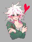  1boy blush collarbone commentary_request crazy_eyes cropped_torso crossed_arms dangan_ronpa_(series) dangan_ronpa_2:_goodbye_despair drooling green_jacket grey_background grey_eyes grey_hair grey_shirt hair_between_eyes heart highres hood hooded_jacket jacket komaeda_nagito looking_at_viewer messy_hair nose_blush open_clothes open_jacket open_mouth pink_jacket print_shirt saliva shirt simple_background sin11111 solo trembling two-sided_fabric two-sided_jacket upper_body 