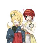  2girls 3tn_63 :d bangs bare_arms bare_shoulders blonde_hair blush bow cat_hair_ornament closed_eyes collarbone commentary_request dangan_ronpa_(series) dangan_ronpa_2:_goodbye_despair dress floral_print flower green_bow grey_background hair_bow hair_ornament hand_up happy heart holding_hands japanese_clothes kimono koizumi_mahiru long_hair looking_at_another multiple_girls official_alternate_costume one_eye_closed open_mouth pale_skin ponytail print_kimono redhead saionji_hiyoko short_hair simple_background sleeves_past_wrists smile striped white_flower 