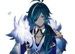  1boy antenna_hair bangs blue_hair closed_mouth dark_skin dark_skinned_male eyepatch fur_trim genshin_impact hair_between_eyes jacket jewelry kaeya_(genshin_impact) km_kkk long_hair male_focus multicolored_hair ponytail simple_background single_earring solo streaked_hair upper_body white_background 