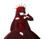  1girl alternate_costume bangs bare_shoulders black_hair black_nails blunt_bangs bow celestia_ludenberg closed_mouth clothing_request cowboy_shot dangan_ronpa:_trigger_happy_havoc dangan_ronpa_(series) dress eyebrows_visible_through_hair frilled_sleeves frills hair_bow hand_up highres lolita_fashion long_hair long_sleeves looking_at_viewer no_(xpxz7347) official_alternate_costume red_bow red_dress red_eyes simple_background smile solo 