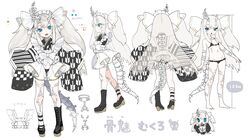  1girl :d aano_(10bit) absurdres asymmetrical_footwear bangs barefoot black_bra black_footwear black_kimono black_panties blue_eyes bone_horns bone_tail boots bow bow_bra bow_panties bra color_guide commentary_request cross-laced_footwear eyebrows_behind_hair grey_hair groin high_heel_boots high_heels highres honemi_mukuro indie_virtual_youtuber japanese_clothes kimono lace-up_boots long_hair long_sleeves maid_headdress mismatched_horns multiple_views navel official_art open_mouth panties ringed_eyes shoes simple_background single_boot single_shoe skeleton sleeves_past_fingers sleeves_past_wrists smile striped translation_request underwear very_long_hair virtual_youtuber white_background white_bow wide_sleeves x-ray yagasuri 