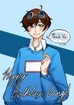  1boy blue_eyes blue_shirt blush brown_hair character_name dream_smp georgenotfound goggles goggles_on_head happy_birthday looking_at_viewer male nayhan227_(pixiv_id_6796211) shirt smile solo speech_bubble sweater text thank_you youtube 