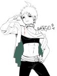  1boy abs alternate_costume belt collar collarbone commentary_request contrapposto cowboy_shot crop_top dangan_ronpa_(series) dangan_ronpa_2:_goodbye_despair earrings greyscale hand_on_hip hand_up hinata_hajime holding holding_phone jacket jewelry looking_at_viewer male_focus midriff monochrome navel open_clothes open_jacket pants phone ring simple_background smile solo_focus tuteurfars_shin white_background 