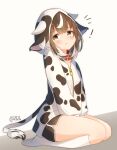  1girl absurdres animal_ear_fluff animal_ears animal_hood animal_print bangs black_shorts blush brown_eyes brown_hair chinese_zodiac closed_mouth collar commentary_request coreytaiyo cow_ears cow_hood cow_horns cow_print cow_tail dated eyebrows_visible_through_hair fake_animal_ears fake_horns grey_background highres hood hood_up hooded_jacket horns jacket kneehighs looking_at_viewer multicolored_hair original print_jacket red_collar seiza short_shorts shorts signature sitting solo streaked_hair tail two-tone_background white_background white_hair white_jacket white_legwear year_of_the_ox 