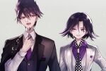  2boys adjusting_clothes adjusting_necktie bangs black_hair black_jacket black_vest checkered checkered_neckwear collared_shirt commentary_request dangan_ronpa_(series) dangan_ronpa_v3:_killing_harmony facial_hair formal goatee grey_background grin hair_between_eyes hair_up hand_up jacket jacket_on_shoulders long_sleeves looking_at_another looking_at_viewer male_focus multiple_boys necktie official_alternate_costume open_clothes open_mouth ouma_kokichi pink_neckwear pink_shirt shirt short_hair sideways_glance smile upper_body upper_teeth vest violet_eyes white_jacket white_shirt white_vest z-epto_(chat-noir86) 