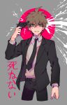  1boy absurdres ahoge arm_at_side bangs belt black_belt black_jacket black_neckwear black_pants brown_eyes brown_hair crazy_eyes cropped_legs dangan_ronpa:_trigger_happy_havoc dangan_ronpa_(series) finger_on_trigger formal grey_background grey_shirt gun gun_to_head hand_up highres holding holding_gun holding_weapon jacket looking_at_viewer male_focus naegi_makoto necktie official_alternate_costume open_clothes open_jacket pants red_background shirt short_hair sin11111 solo translation_request upper_body weapon white_blood 