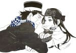  1boy 1girl ainu ainu_clothes asirpa bandana black_coat black_hair black_headwear blue_eyes blue_scarf brown_eyes closed_mouth coat commentary couple ear_piercing earrings eye_contact eyebrows face-to-face golden_kamuy greyscale hat headband hoop_earrings imperial_japanese_army jewelry kepi long_hair long_sleeves looking_at_another lying military military_hat military_uniform monochrome on_stomach parted_lips piercing scar scar_on_cheek scar_on_face scar_on_nose scarf short_hair simple_background smile spiky_hair spot_color sugimoto_saichi uniform upper_body w55674570w white_background wide_sleeves 