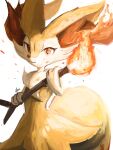  1girl :3 animal_ear_fluff animal_ears animal_nose artist_name body_fur braixen closed_mouth commentary cropped english_commentary fire flat_chest fox_ears fox_girl fox_tail furry gen_6_pokemon hands_up happy highres holding holding_stick ikei jpeg_artifacts looking_at_viewer pokemon pokemon_(creature) red_eyes signature simple_background smile snout solo standing stick tail textless white_background white_fur yellow_fur 