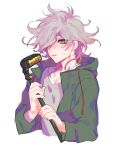  1boy absurdres bangs collarbone commentary_request cropped_torso dangan_ronpa_(series) dangan_ronpa_2:_goodbye_despair green_jacket grey_background grey_eyes grey_hair grey_shirt hair_over_one_eye hands_up highres holding holding_microphone_stand hood hooded_jacket jacket komaeda_nagito long_sleeves looking_at_viewer male_focus medium_hair messy_hair microphone microphone_stand open_clothes open_jacket parted_lips shirt simple_background sin11111 solo sweatdrop upper_body 