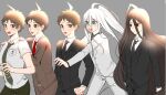  5boys ahoge bangs black_hair black_neckwear blue_eyes blush brown_eyes brown_hair commentary_request dangan_ronpa_(series) dangan_ronpa_2:_goodbye_despair dangan_ronpa_3_(anime) dual_persona formal grey_background hands_on_another&#039;s_shoulders hinata_hajime jacket kamukura_izuru long_hair male_focus multiple_boys necktie official_alternate_costume open_mouth pants ponytail red_eyes red_neckwear shirt short_hair smile spoilers suit tuteurfars_shin upper_teeth very_long_hair white_pants white_shirt 