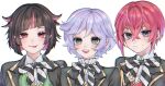  3boys :d :p ahoge bangs black_hair black_jacket blue_eyes blurry blurry_background blush bow center_frills chromatic_aberration collar collared_shirt diagonal_stripes epel_felmier fang fang_out frilled_collar frills hair_between_eyes hair_horns jacket lilia_vanrouge looking_at_viewer male_focus multicolored_hair multiple_boys night_raven_college_uniform open_mouth pink_hair pointy_ears purple_hair red_eyes redhead riddle_rosehearts shirt short_hair simple_background smile streaked_hair striped striped_neckwear sweat tongue tongue_out twisted_wonderland two-tone_hair upper_teeth vest white_background white_shirt yumei_(jigoku101) 