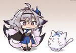  1girl animal azur_lane blue_skirt blush cat chibi fox_mask fox_tail mask mask_on_head meowfficer_(azur_lane) metal_belt multiple_tails pleated_skirt senhayama_(racoon) simple_background skirt smile tail thick_eyebrows tosa_(azur_lane) white_cat 