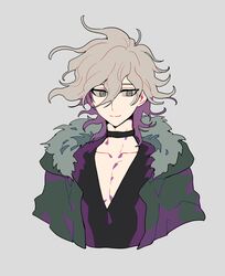  1boy absurdres alternate_costume bangs black_choker black_shirt choker commentary_request cropped_torso dangan_ronpa_(series) dangan_ronpa_2:_goodbye_despair green_jacket grey_background grey_eyes hair_between_eyes highres jacket komaeda_nagito looking_at_viewer male_focus medium_hair messy_hair pectorals shirt simple_background sin11111 smile solo upper_body 