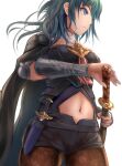  1girl armor bangs belt black_armor black_belt black_cape black_shirt black_shorts blue_hair breasts brown_legwear byleth_(fire_emblem) byleth_eisner_(female) cape closed_mouth clothing_cutout commentary_request cowboy_shot dagger detached_collar emblem eyebrows_visible_through_hair fire_emblem fire_emblem:_three_houses hair_between_eyes holding holding_sword holding_weapon large_breasts long_hair looking_to_the_side navel navel_cutout pantyhose patterned_clothing sail_(sail-away) sheath sheathed shirt short_shorts shorts shoulder_pads sidelocks simple_background solo standing sword sword_of_the_creator vambraces violet_eyes weapon white_background 