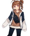  1girl ahoge bangs blue_jacket blue_pants blunt_bangs blush brown_hoodie brown_scrunchie closed_mouth commentary_request cowboy_shot drawstring drill_hair eyebrows_visible_through_hair fanny_pack hair_ornament hair_scrunchie hood hood_down hoodie idolmaster idolmaster_million_live! jacket kamille_(vcx68) long_sleeves looking_at_viewer open_clothes open_jacket pants scrunchie shiny shiny_hair shirt short_hair side_ponytail sidelocks simple_background sleeves_past_fingers sleeves_past_wrists smile solo standing two-tone_jacket violet_eyes white_background white_jacket white_shirt yokoyama_nao 