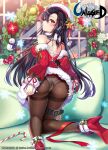  1girl ass back bangs bare_shoulders beret black_hair braid breasts brown_legwear candy candy_cane christmas closed_mouth detached_sleeves dress food from_behind fur_trim hat high_heels highres kneeling large_breasts leg_belt long_hair long_sleeves looking_at_viewer looking_back maett official_art panties panties_under_pantyhose pantyhose parted_bangs pillow red_dress red_eyes red_footwear red_ribbon ribbon short_dress solo spaghetti_strap thighband_pantyhose underwear unleashed very_long_hair white_headwear white_panties wreath 