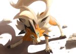  absurdres animal_focus backlighting claws commentary english_commentary full_body gen_7_pokemon green_eyes highres ikei looking_to_the_side lycanroc lycanroc_(midday) mixed-language_commentary no_humans pokemon rock simple_background solo standing white_background 