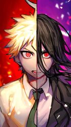  2boys ahoge black_jacket black_neckwear closed_mouth commentary_request dangan_ronpa_(series) dangan_ronpa_v3:_killing_harmony formal green_neckwear grey_shirt hair_between_eyes highres hinata_hajime_(awakened) jacket kamukura_izuru long_hair looking_at_viewer male_focus messy_hair multiple_boys necktie official_style open_mouth pink_background portrait red_background red_eyes shirt short_hair sin11111 split_theme spoilers very_long_hair 