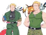  1boy arms_behind_back bare_arms black_shirt blonde_hair closed_mouth collarbone commentary_request dog_tags gen_1_pokemon green_(grimy) green_jacket green_pants green_tank_top highres holding jacket jewelry looking_to_the_side magnemite male_focus necklace on_shoulder pants pokemon pokemon_(creature) pokemon_(game) pokemon_hgss pokemon_lgpe pokemon_on_shoulder raichu shirt short_hair simple_background smile spiky_hair surge_(pokemon) tank_top teeth translation_request voltorb white_background 