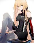  1girl bare_shoulders bismarck_(kantai_collection) blonde_hair blue_eyes breasts closed_mouth elbow_gloves gloves hair_between_eyes head_tilt highres impossible_clothes kantai_collection large_breasts long_hair looking_at_viewer okayu_(papiko1111) simple_background sitting thigh-highs thighs 