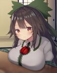  1girl absurdres black_hair blush bow breast_rest breasts closed_mouth commentary_request green_bow hair_bow highres kotatsu large_breasts long_hair looking_at_viewer mamemochi red_eyes reiuji_utsuho shirt smile solo table third_eye touhou upper_body white_shirt 
