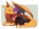  1boy alternate_costume barefoot black_pants charizard dark_skin dark_skinned_male facial_hair fire gen_1_pokemon highres leon_(pokemon) long_hair male_focus morio_(poke_orio) open_mouth pants pokemon pokemon_(creature) pokemon_(game) pokemon_swsh purple_hair red_shirt shirt short_sleeves sitting smile t-shirt teeth tongue yellow_eyes 