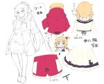  !? 1girl :3 absurdres akai_haato bangs blonde_hair blue_eyes blush coat commentary_request hair_ornament haruyuki_(yukichasoba) heart heart_hair_ornament highres hololive monochrome official_art simple_background skirt solo translation_request virtual_youtuber white_background 