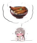  &gt;_&lt; 1girl bangs blush bowl brown_hair chibi closed_eyes closed_mouth commentary_request cup_noodle eating eel eyebrows_visible_through_hair highres lolisin long_hair nose_blush original raglan_sleeves rice shirt short_sleeves simple_background solo sweat tears trembling wavy_mouth white_background white_shirt 