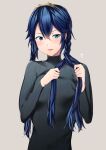  1girl ameno_(a_meno0) blue_eyes blue_hair braid braiding_hair fire_emblem fire_emblem_awakening grey_background hairdressing highres light_blush long_hair lucina_(fire_emblem) motion_lines open_mouth simple_background smile solo sweater symbol-shaped_pupils tiara twin_braids twintails 