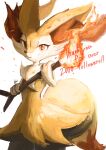  1girl :3 animal_ear_fluff animal_ears animal_nose artist_name black_fur body_fur braixen closed_mouth commentary_request cowboy_shot english_text fire flat_chest fox_ears fox_girl fox_tail furry gen_6_pokemon hands_up happy highres holding holding_stick ikei jpeg_artifacts looking_at_viewer milestone_celebration pokemon pokemon_(creature) red_eyes signature simple_background smile snout solo standing stick tail white_background white_fur yellow_fur 