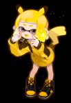 1girl :3 :d bangs black_background black_footwear black_jacket blonde_hair blunt_bangs domino_mask electricity extra_ears fang fusion gen_1_pokemon hands_up high_collar highres index_fingers_raised inkling jacket long_hair long_sleeves looking_at_viewer mask mikoshiba_m nintendo open_mouth pikachu pikachu_ears pikachu_tail pointing pointing_at_self pointy_ears pokemon pokemon_ears shoes short_eyebrows sidelocks simple_background smile sneakers solo splatoon_(series) standing symbol_commentary tail tentacle_hair thick_eyebrows yellow_footwear yellow_jacket yellow_tongue